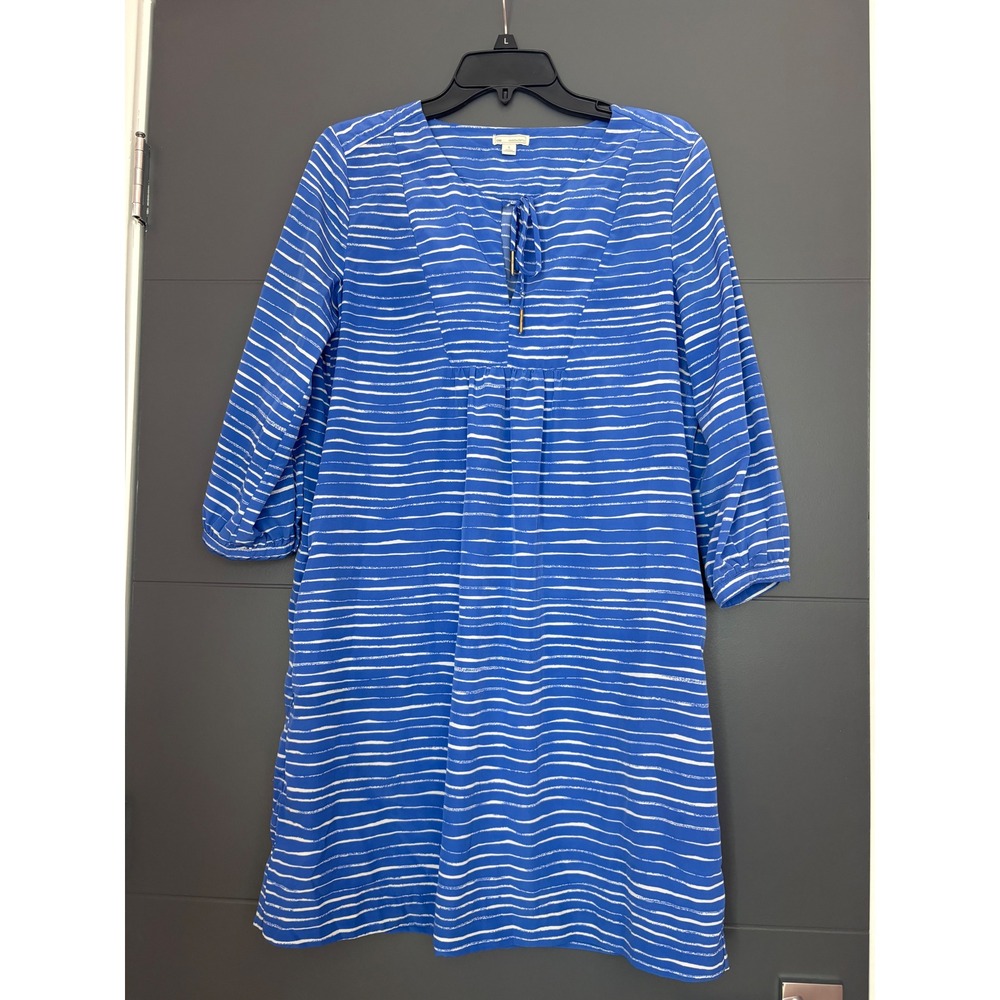Gap‎ Womens Blue White Striped Shift Dress Split Neck Tie 3/4 Sleeve Small